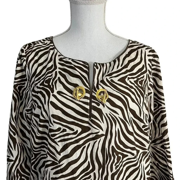 Charter Club Tiger Print Thin Blouse Cream Brown Womens Large Gold Metal Buckle - Picture 6 of 9